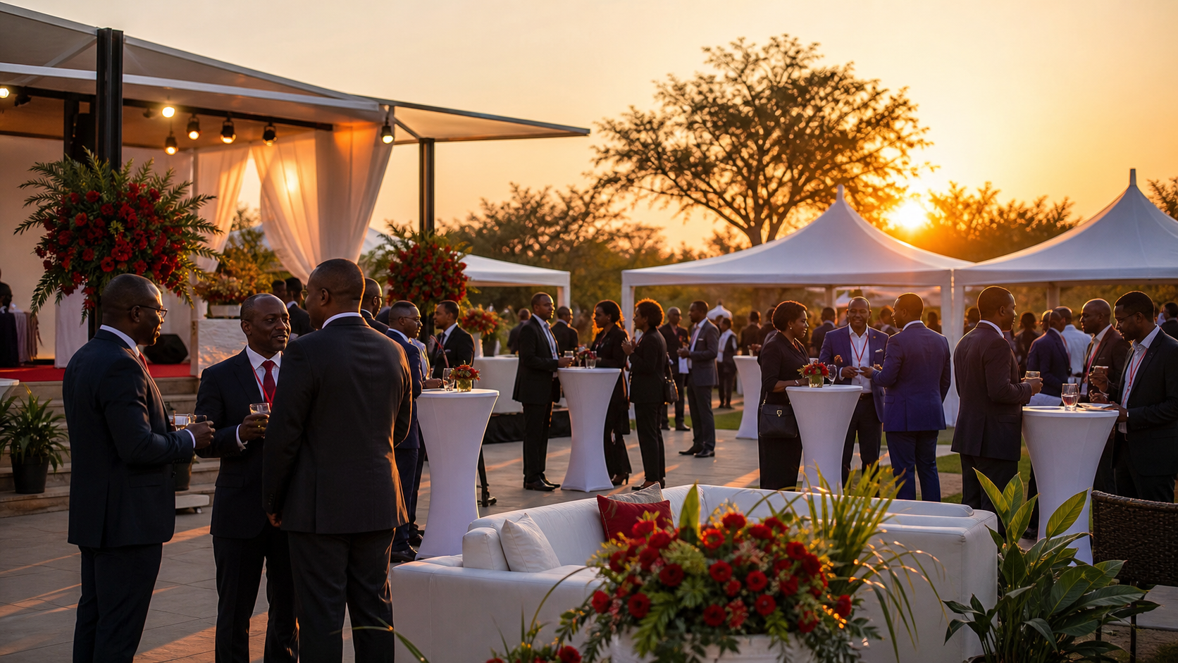 Outdoor corporate networking reception hosted at golden hour